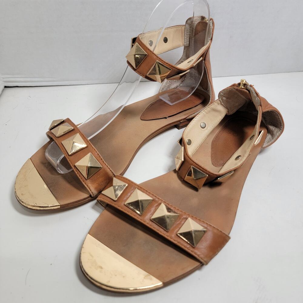 Isola Sandal 7.5 Ankle Strap Flat Gold Stud Spike Grommet Brown Zip - Picture 2 of 7